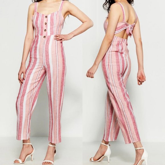 NEW Pink Striped Button Front Cutout Tie Open Back Linen Blend Jumpsuits $140 - Picture 3 of 8